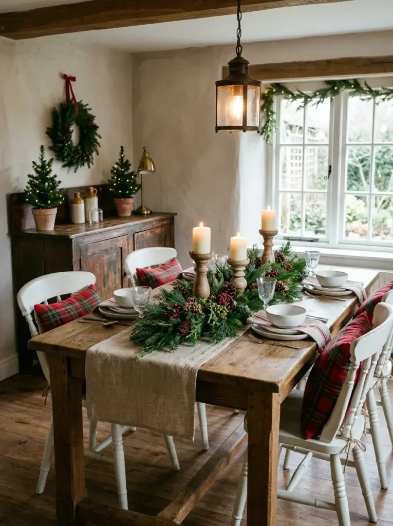 A rustic farmhouse Christmas dining room with reclaimed wood, natural greenery, wooden candleholders, and plaid accents.