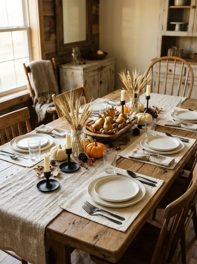 A rustic farmhouse Thanksgiving table featuring reclaimed wood, woven linens, cream stoneware, dried wheat, and natural pumpkins.