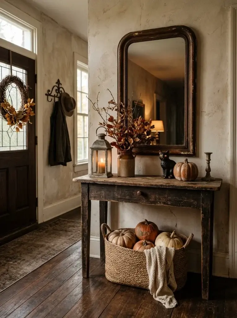 A rustic Halloween entryway with weathered pumpkins, an antique mirror, a vintage lantern, and autumn branches.