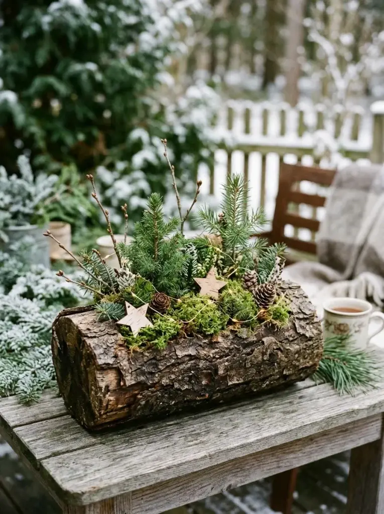 A rustic hollowed-log Christmas planter featuring miniature evergreens, moss, birch twigs, and wooden star decorations.