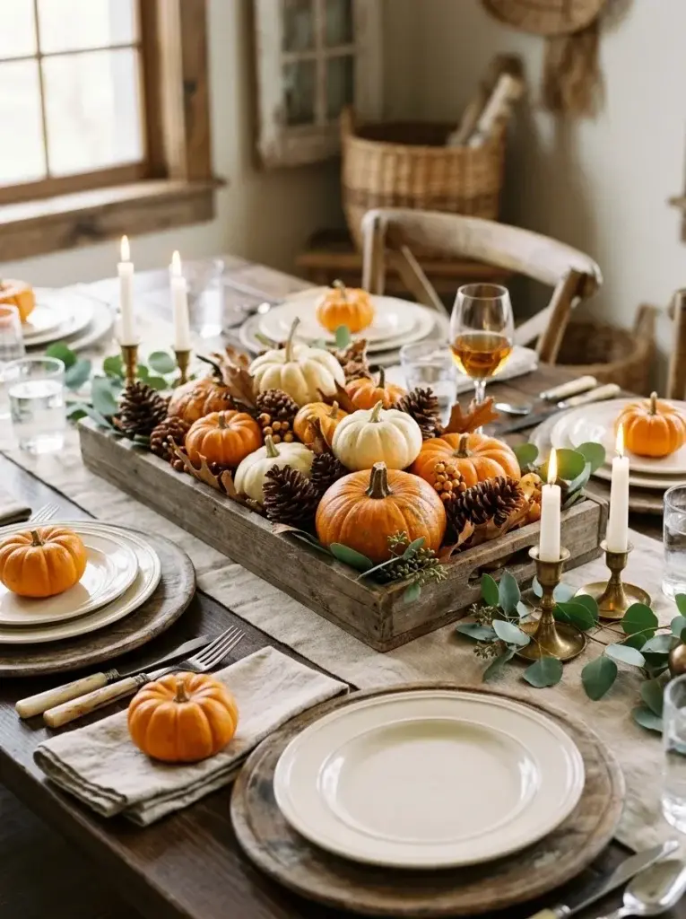 A rustic Thanksgiving centerpiece featuring miniature pumpkins, white gourds, eucalyptus, and pinecones on a wooden tray.