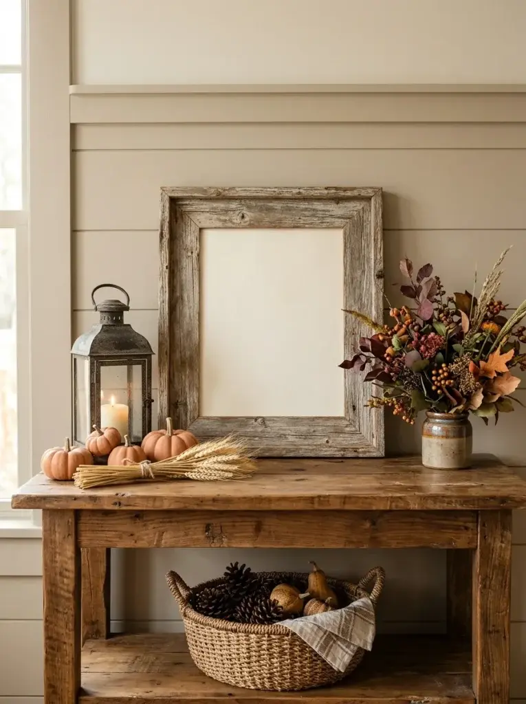 A rustic Thanksgiving console display featuring a weathered wooden frame, pumpkins, dried wheat, and a vintage lantern.