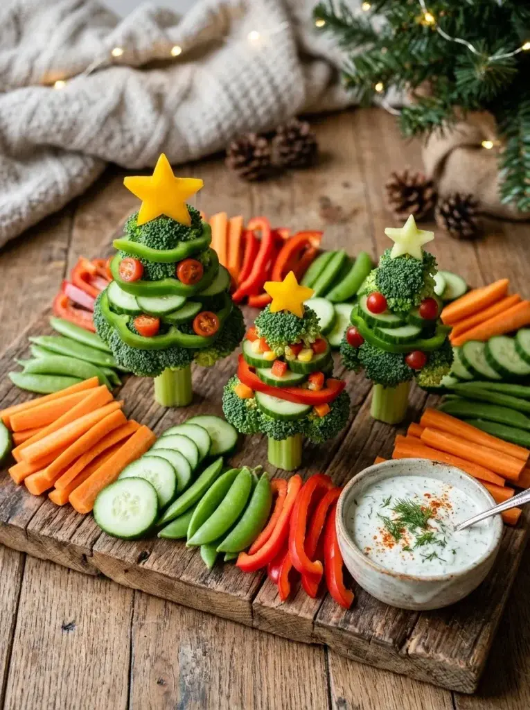 A rustic vegetable platter featuring three miniature broccoli Christmas trees with colorful vegetable ornaments and carrot stars.
