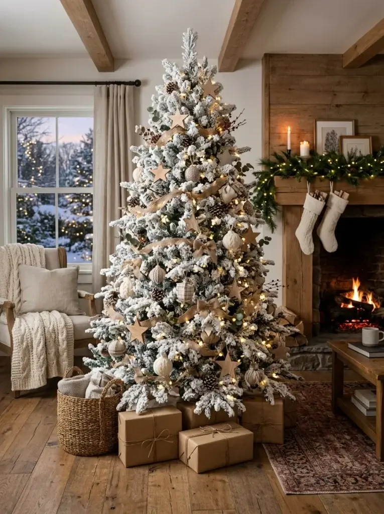 A rustic white Christmas tree with wooden stars, pinecones, knitted ornaments, and natural linen ribbons in a farmhouse living room.