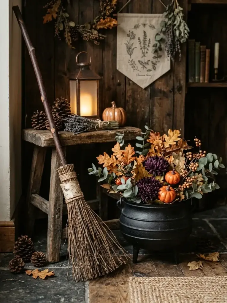 A rustic witch's broom and black cauldron surrounded by autumn leaves, purple flowers, pumpkins, pinecones, and a glowing lantern.