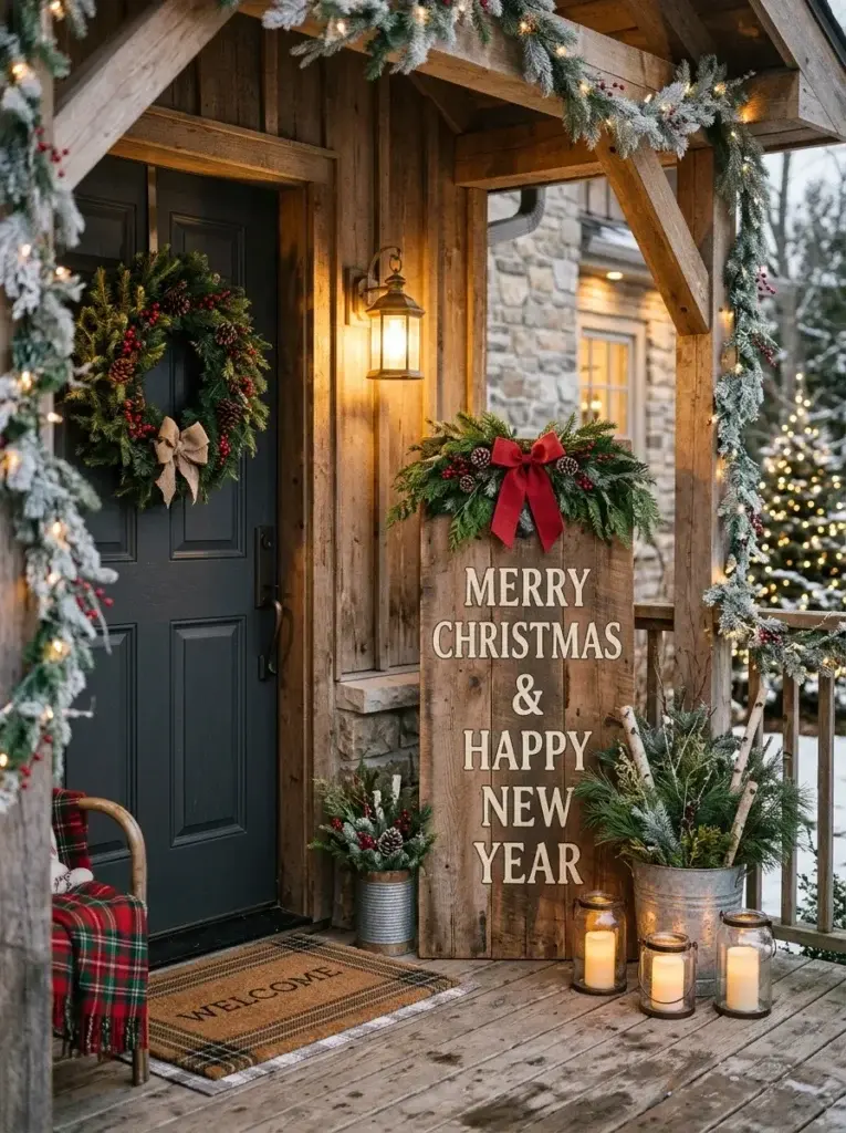 A rustic wooden Christmas sign styled with evergreen branches, pinecones, lanterns, and farmhouse porch accents.