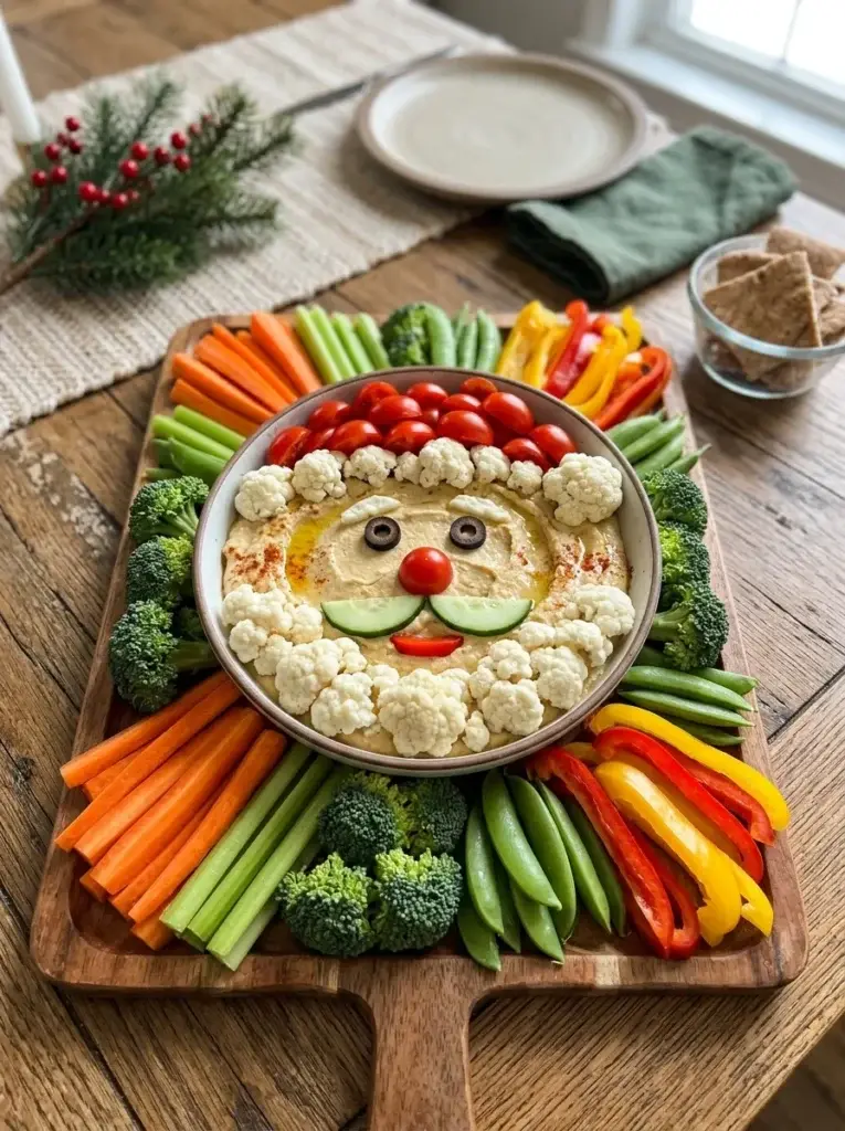 A Santa-inspired hummus board surrounded by fresh carrots, cucumber slices, broccoli, snap peas, and colorful bell peppers.