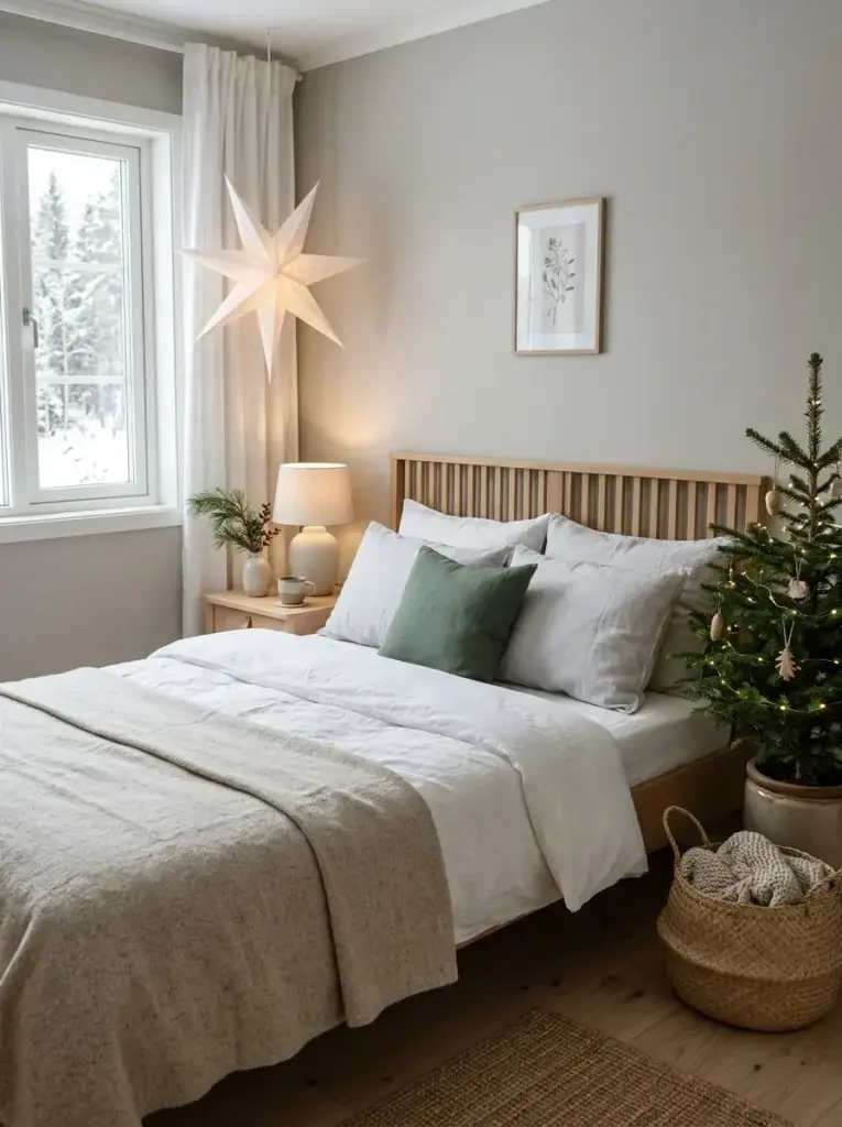 A Scandinavian Christmas bedroom featuring white bedding, natural wood furniture, muted green accents, and minimalist decorations.