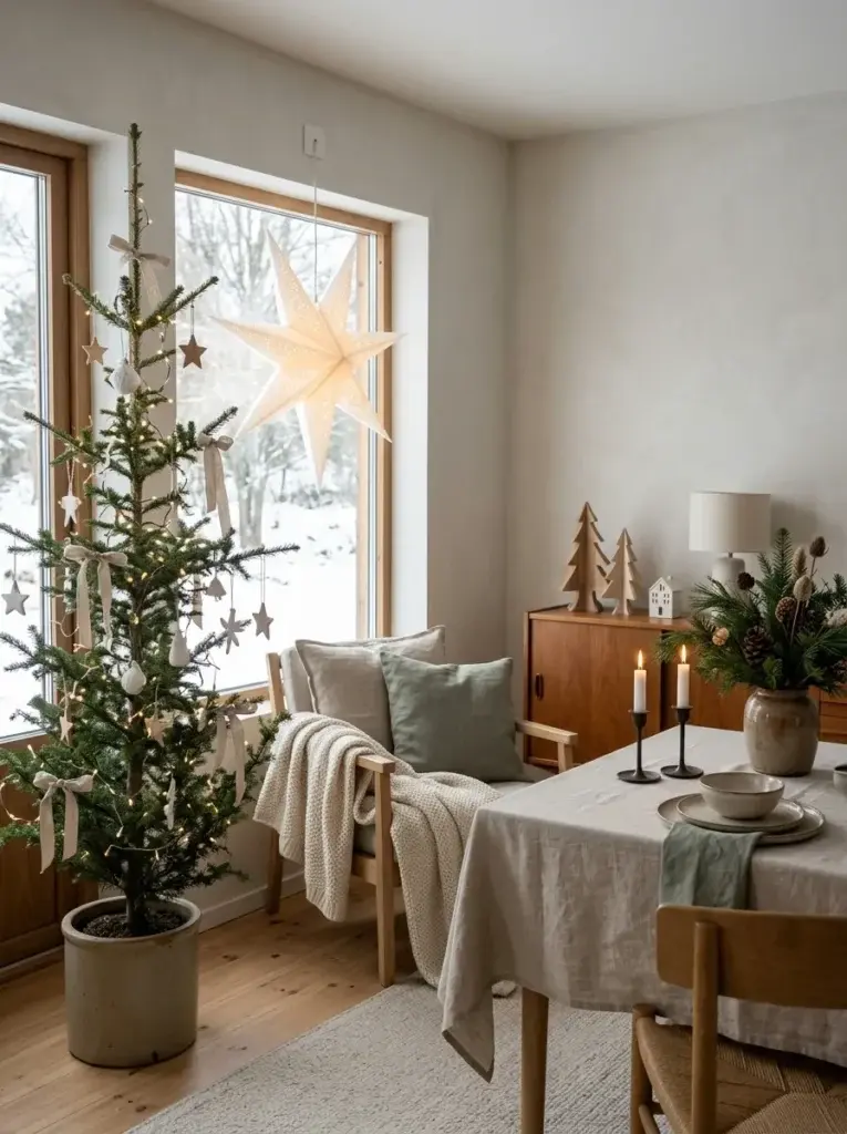 A Scandinavian Christmas living room with wooden ornaments, an illuminated paper star, natural greenery, and warm neutral textiles.