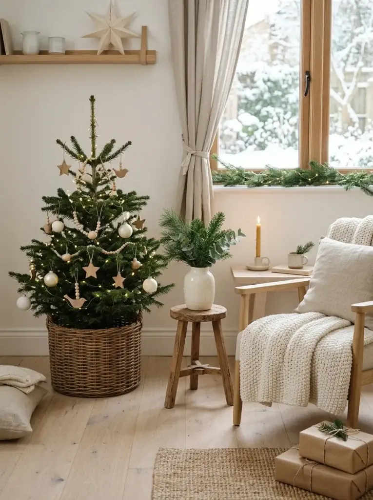 A Scandinavian-inspired Christmas corner with a simple evergreen tree, wooden ornaments, ivory baubles, natural textures, and soft neutral textiles.