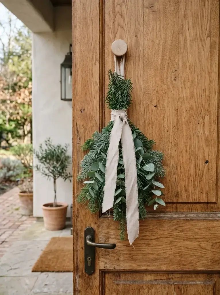 A simple Christmas door decoration made from evergreen branches and eucalyptus tied with a beige linen ribbon.
