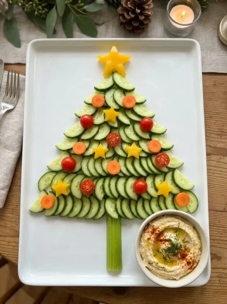 A simple Christmas tree made from overlapping cucumber slices, a celery trunk, cherry tomato ornaments, and a yellow pepper star.