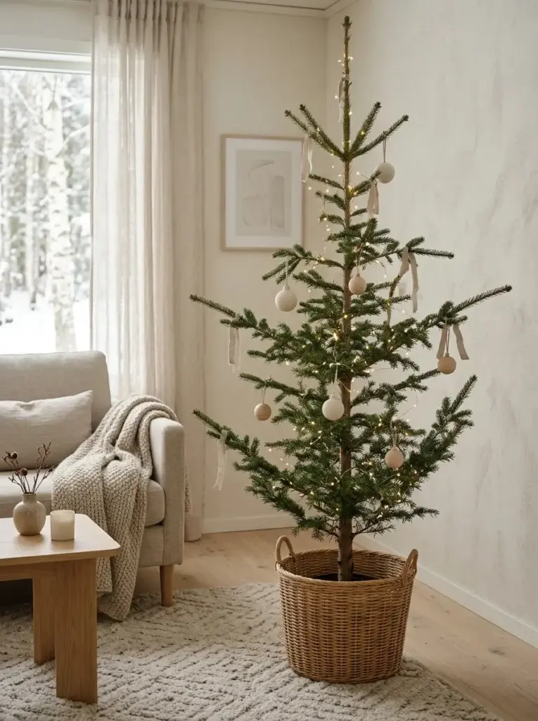 A slim Christmas tree with warm white lights, wooden ornaments, and understated ivory decorations.
