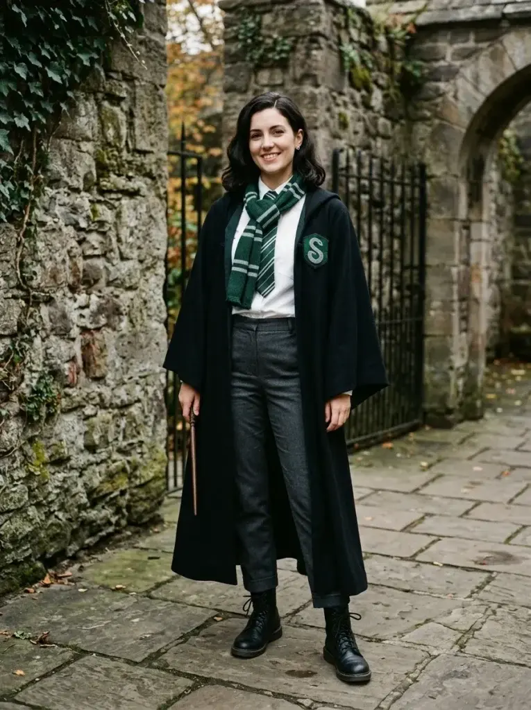 A Slytherin-inspired costume with a black robe, green-and-silver scarf, white shirt, dark trousers, and wooden wand.
