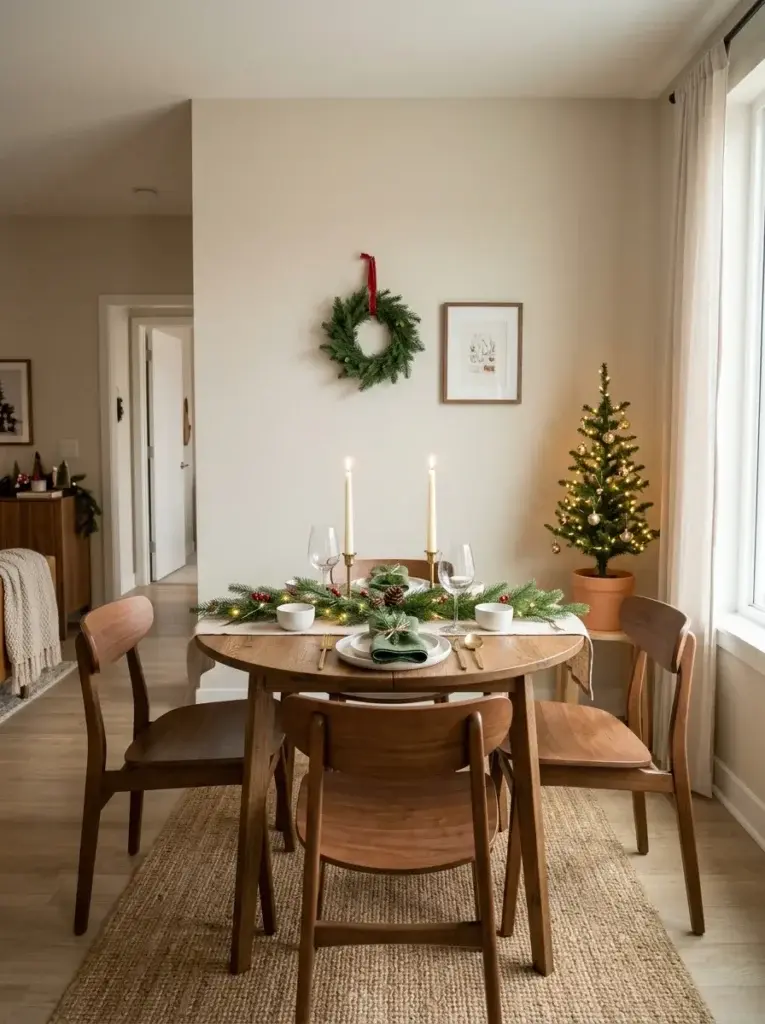 A small Christmas dining room with a compact round table, slim candles, a narrow evergreen centerpiece, and green napkins.