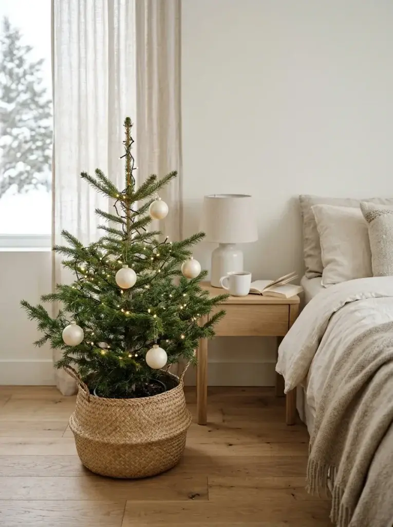 A small Christmas tree in a woven basket with delicate ivory ornaments and warm white lights.