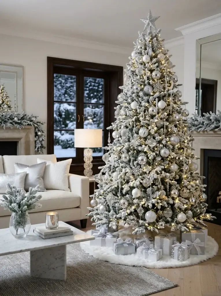 A snowy white Christmas tree sparkling with silver baubles, crystal icicles, and delicate snowflakes in an elegant neutral living room.