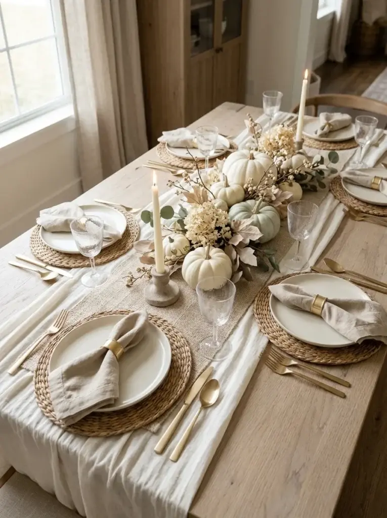 A soft neutral Thanksgiving table featuring white pumpkins, ivory linens, beige napkins, pale greenery, and textured ceramic dinnerware.