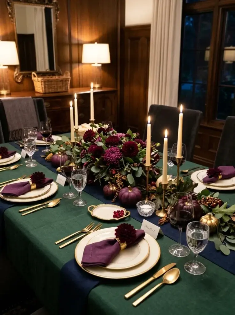 A sophisticated jewel-tone Thanksgiving table with forest-green linens, plum napkins, burgundy flowers, gold-rimmed plates, and brass candleholders.