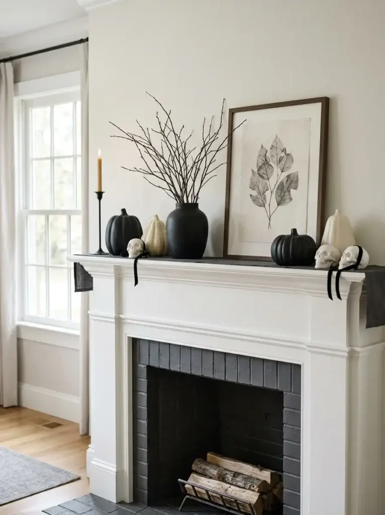 A sophisticated monochrome Halloween mantel with black pumpkins, ivory gourds, slim candleholders, and minimalist framed artwork.