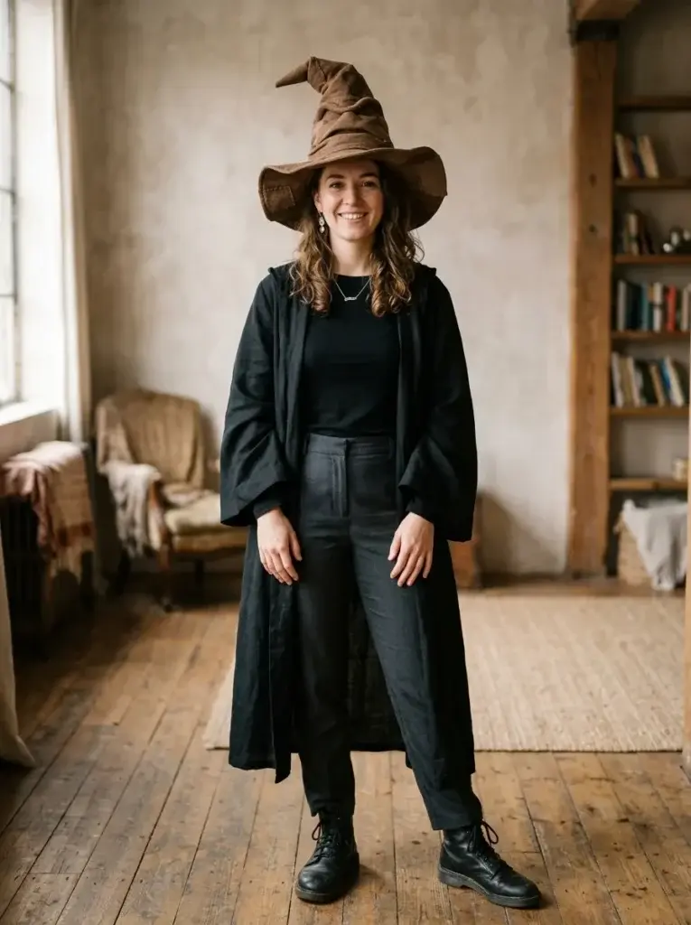 A Sorting Hat-inspired Halloween costume featuring a handmade brown fabric hat, black robe, and dark clothing.