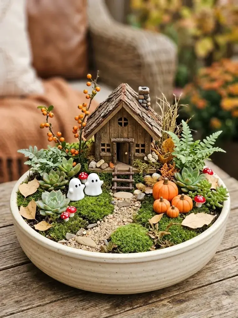 A spooky-cute miniature cottage garden with friendly ghosts, rounded pumpkins, mushrooms, and sage-green foliage.