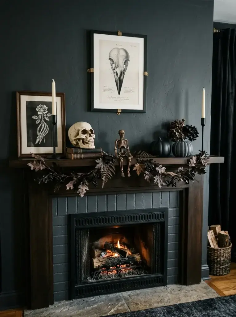 A spooky Halloween fireplace mantel featuring ivory skull sculptures, a small skeleton figurine, charcoal pumpkins, and dark candleholders.