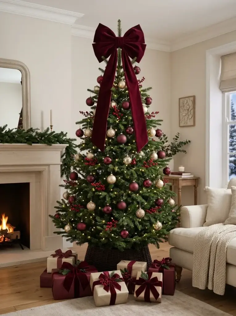 A statement burgundy Christmas tree crowned with an oversized velvet bow and coordinated gold ornaments.