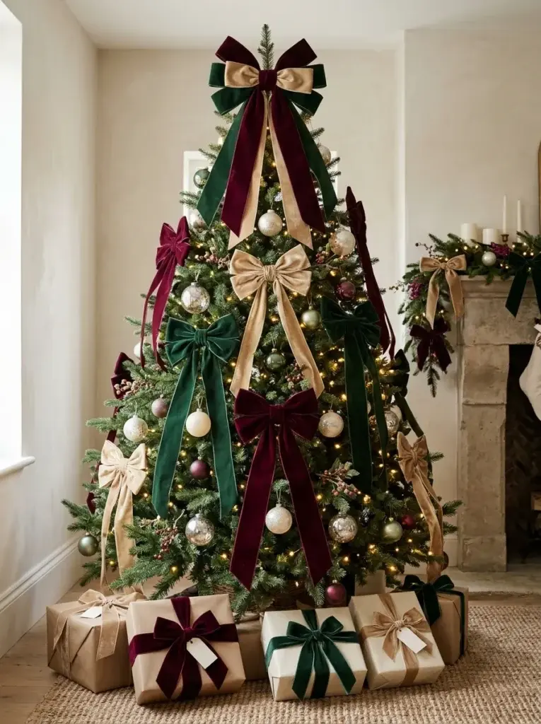 A statement Christmas tree featuring oversized burgundy velvet bows, cascading ribbon tails, warm lights, and elegant wrapped gifts.