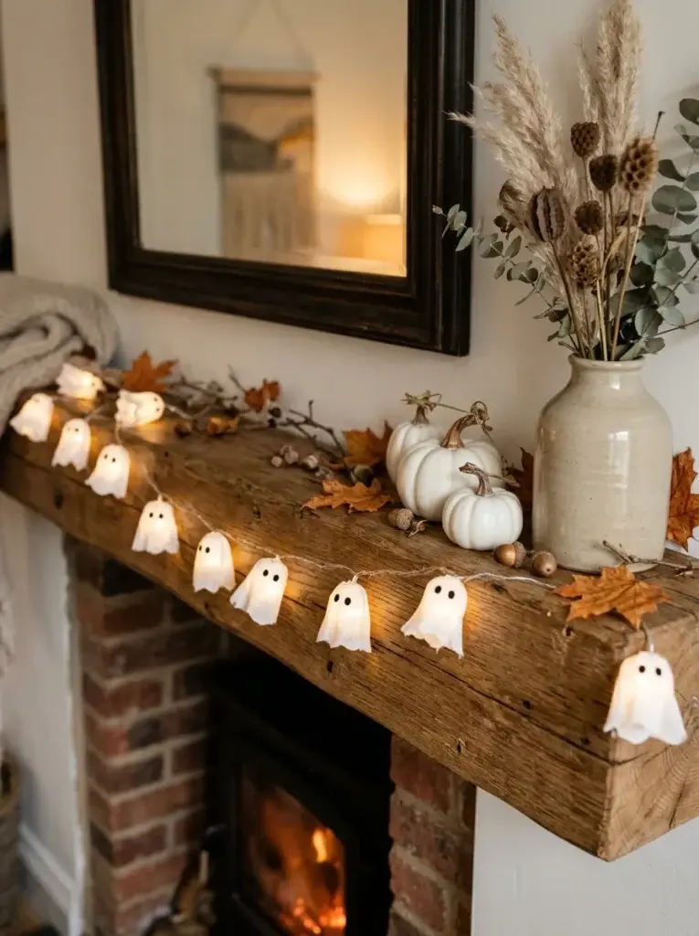 A strand of glowing white ghost string lights draped across a rustic Halloween mantel.