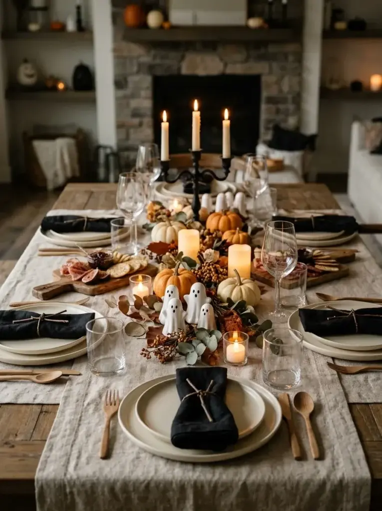 A stylish Halloween party table featuring white ghost figurines, black napkins, pumpkins, and warm lighting.