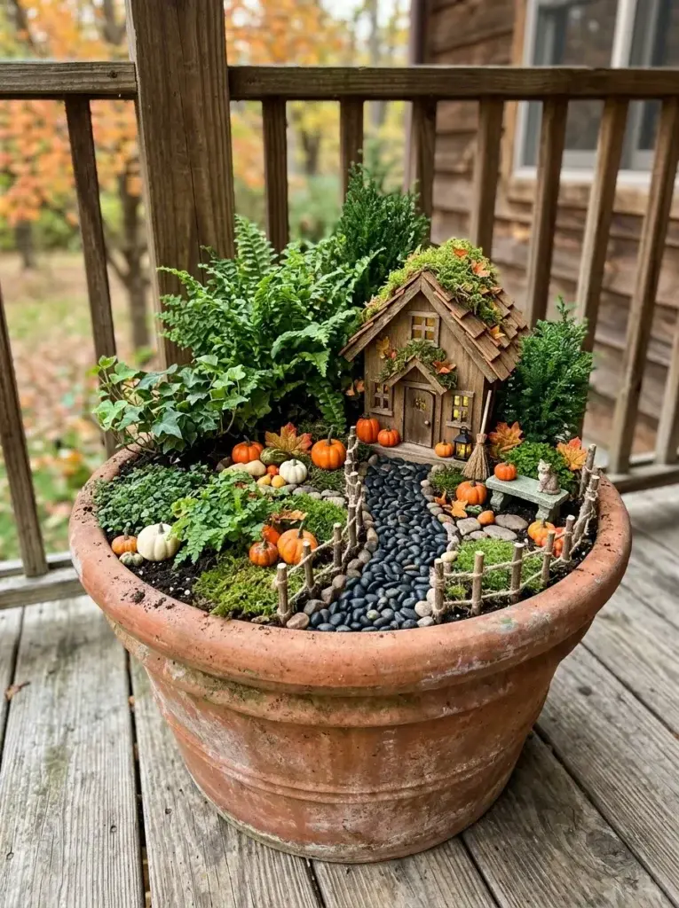 A terracotta planter containing a moss-roofed fairy house, tiny pumpkins, ferns, and black pebbles.
