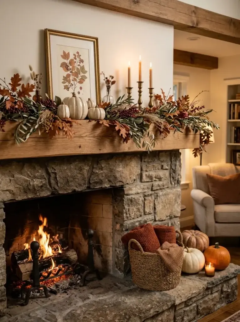 A Thanksgiving fireplace mantel decorated with autumn foliage, ceramic pumpkins, brass candlesticks, and cozy blankets.