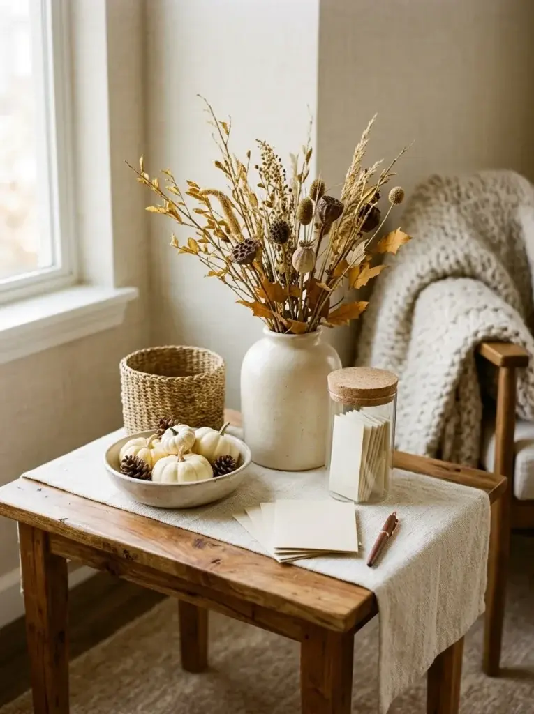 A Thanksgiving gratitude display with miniature pumpkins, dried branches, blank cards, and a glass container for gratitude notes.