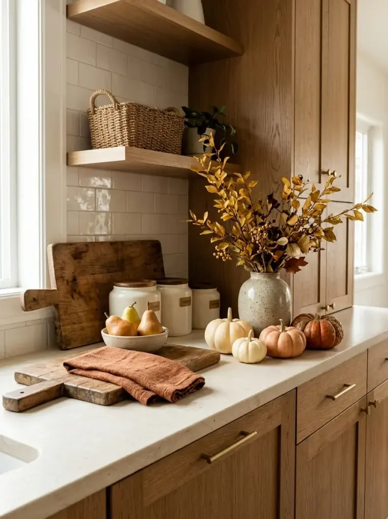 A Thanksgiving kitchen counter decorated with small pumpkins, autumn branches, pears, and warm neutral accessories.