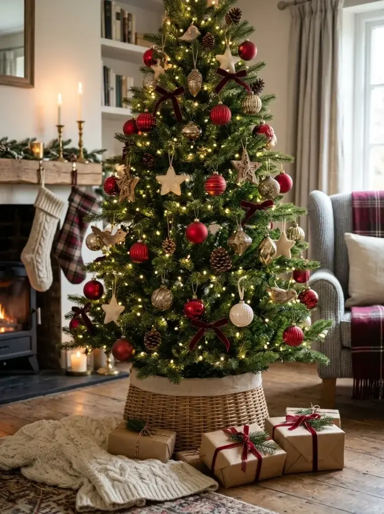 A timeless Christmas tree decorated with classic red ornaments, antique-gold baubles, velvet bows, warm white lights, and simple wrapped gifts.