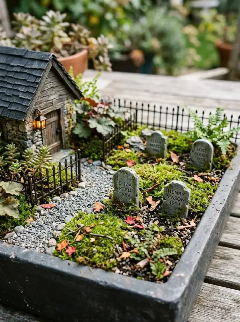 A tiny cemetery corner featuring miniature gray tombstones, a cottage, a black fence, moss, and a lantern.