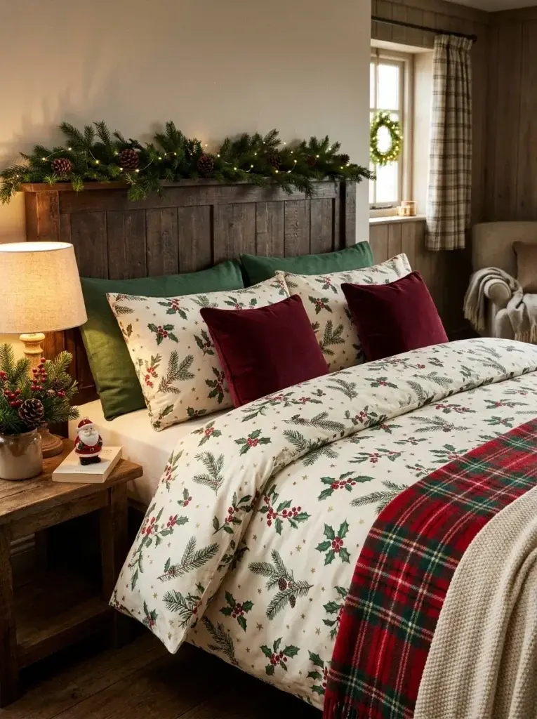 A traditional Christmas bedroom featuring red-and-green printed bedding, forest-green pillows, and a burgundy plaid blanket.
