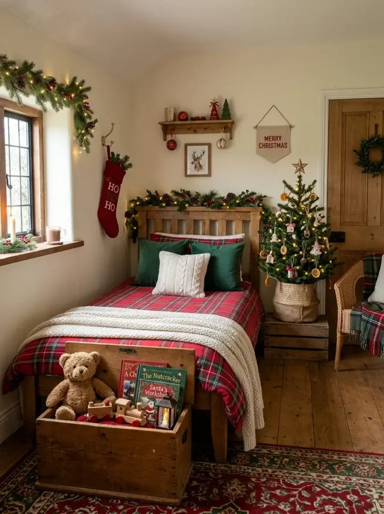 A traditional Christmas bedroom with red plaid bedding, forest-green cushions, a cream knitted throw, and a miniature evergreen tree.