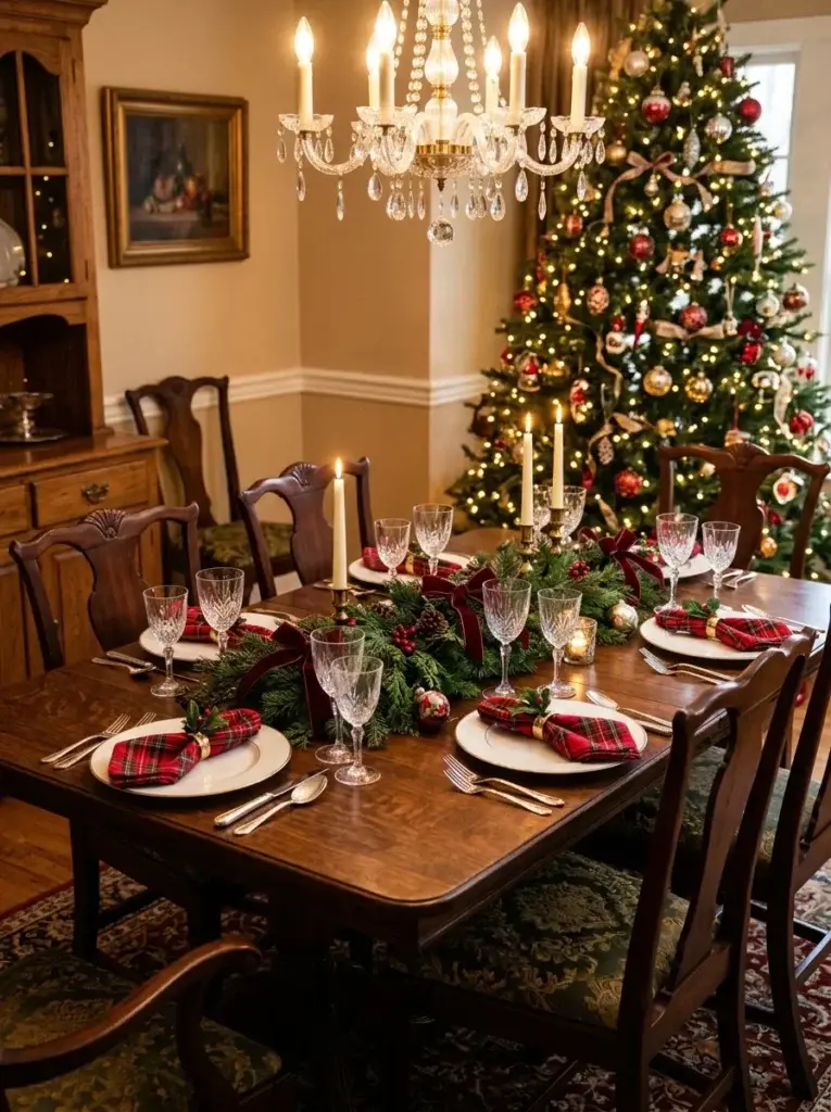 A traditional Christmas dining room featuring brass candleholders, evergreen garlands, red plaid napkins, and classic white dinnerware.