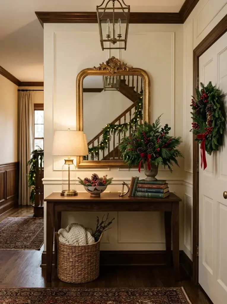 A traditional Christmas entryway with a walnut console, gilt-framed mirror, brass lamp, evergreen arrangement, pinecones, and cream wool textiles.