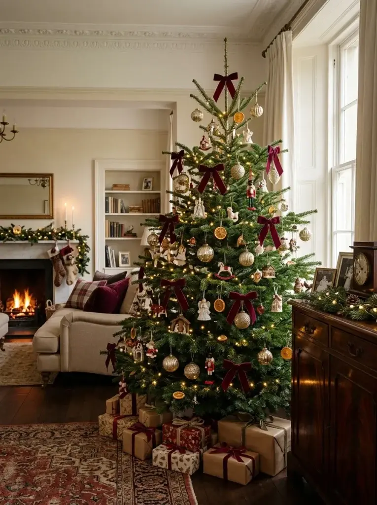 A traditional Christmas tree decorated with antique-gold baubles, burgundy velvet bows, porcelain ornaments, and warm white lights in an elegant living room.