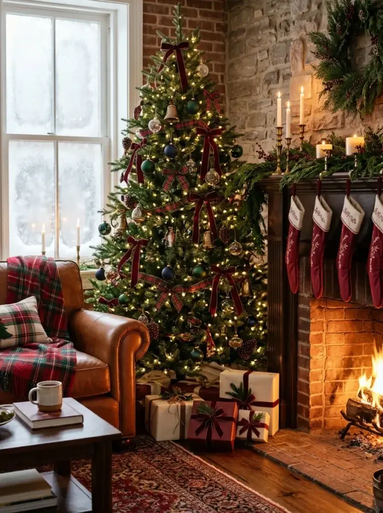 A traditional Christmas tree decorated with burgundy ribbons, forest-green ornaments, and plaid bows beside a cozy fireplace.