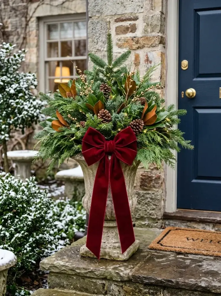 A traditional Christmas urn decorated with lush greenery, magnolia leaves, pinecones, and an oversized red velvet bow.