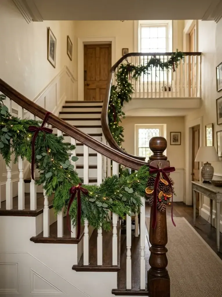 A traditional dark-oak staircase decorated with lush evergreen garlands, warm fairy lights, pinecones, and burgundy ribbon.