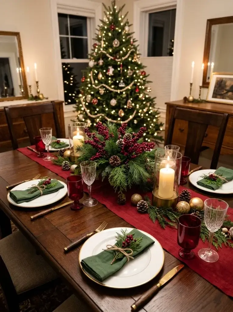 A traditional red-and-green Christmas tablescape with evergreen branches, red glassware, white plates, and glowing candles.