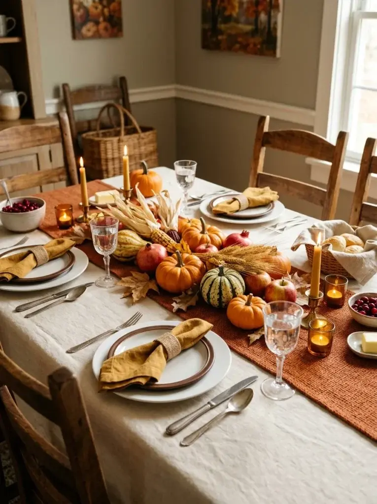 A traditional Thanksgiving harvest table decorated with pumpkins, colorful gourds, autumn leaves, seasonal fruit, and warm rust-colored linens.