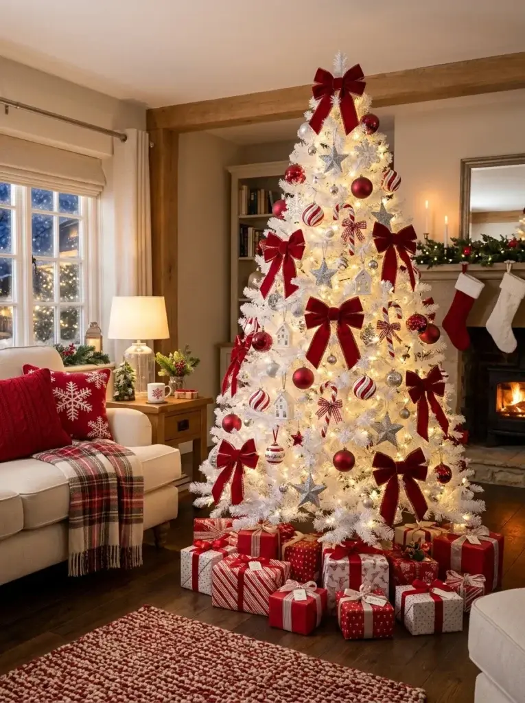 A traditional white Christmas tree featuring red velvet bows, crimson ornaments, candy canes, and warm festive lights.