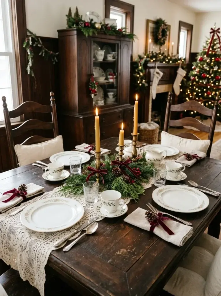 A vintage Christmas dining table with heirloom-style china, antique brass candlesticks, lace linens, and evergreen sprigs.