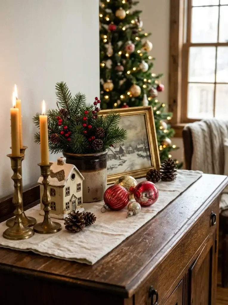 A vintage Christmas sideboard styled with thrifted brass candlesticks, traditional glass ornaments, antique-inspired ceramics, and evergreen branches.